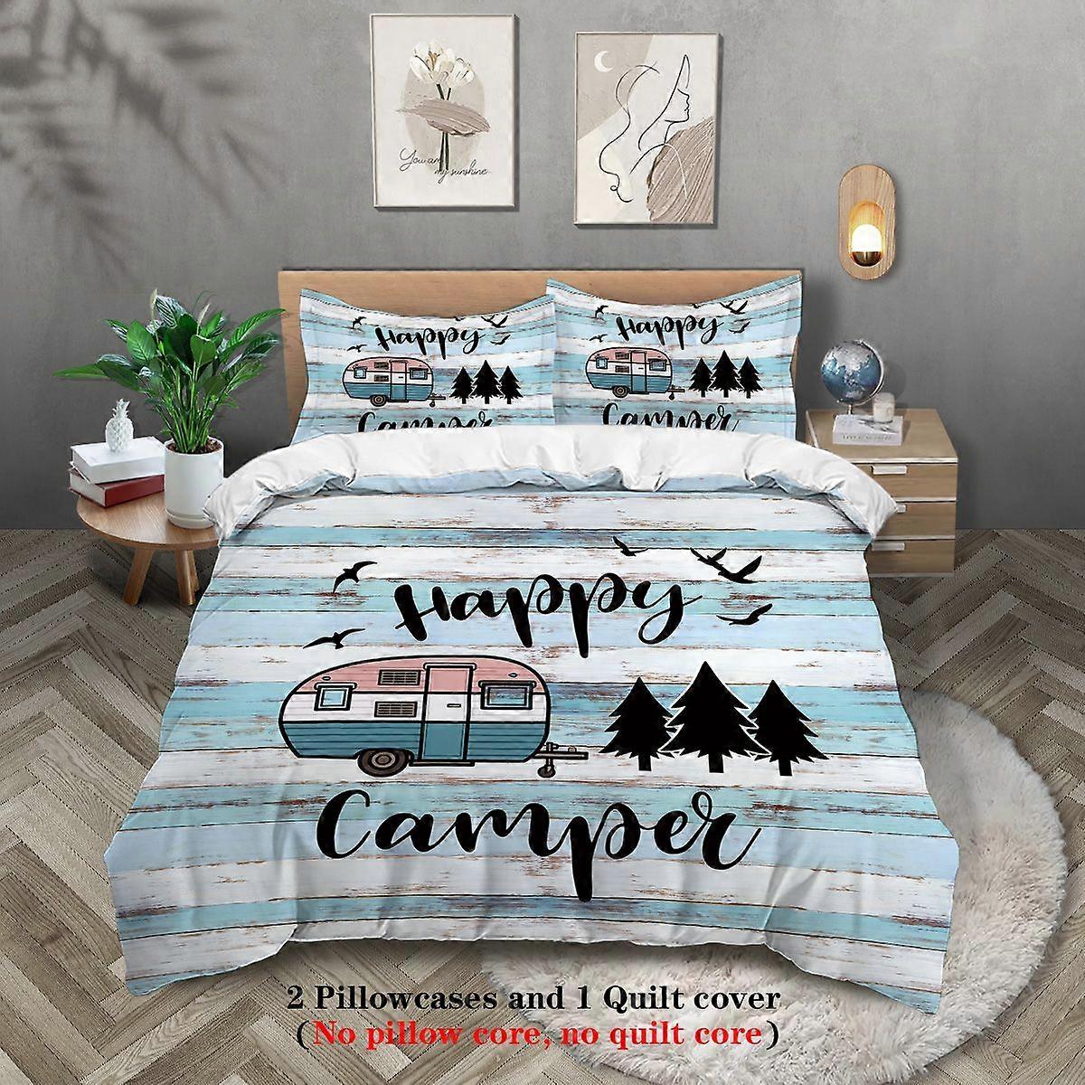 v1547 Lakan st Happy Camper Pattern Tryckt sängkläder, lämplig för tonåringar och vuxnas sovrum, camping, *Påslakan+*Örngott 3-delat B
