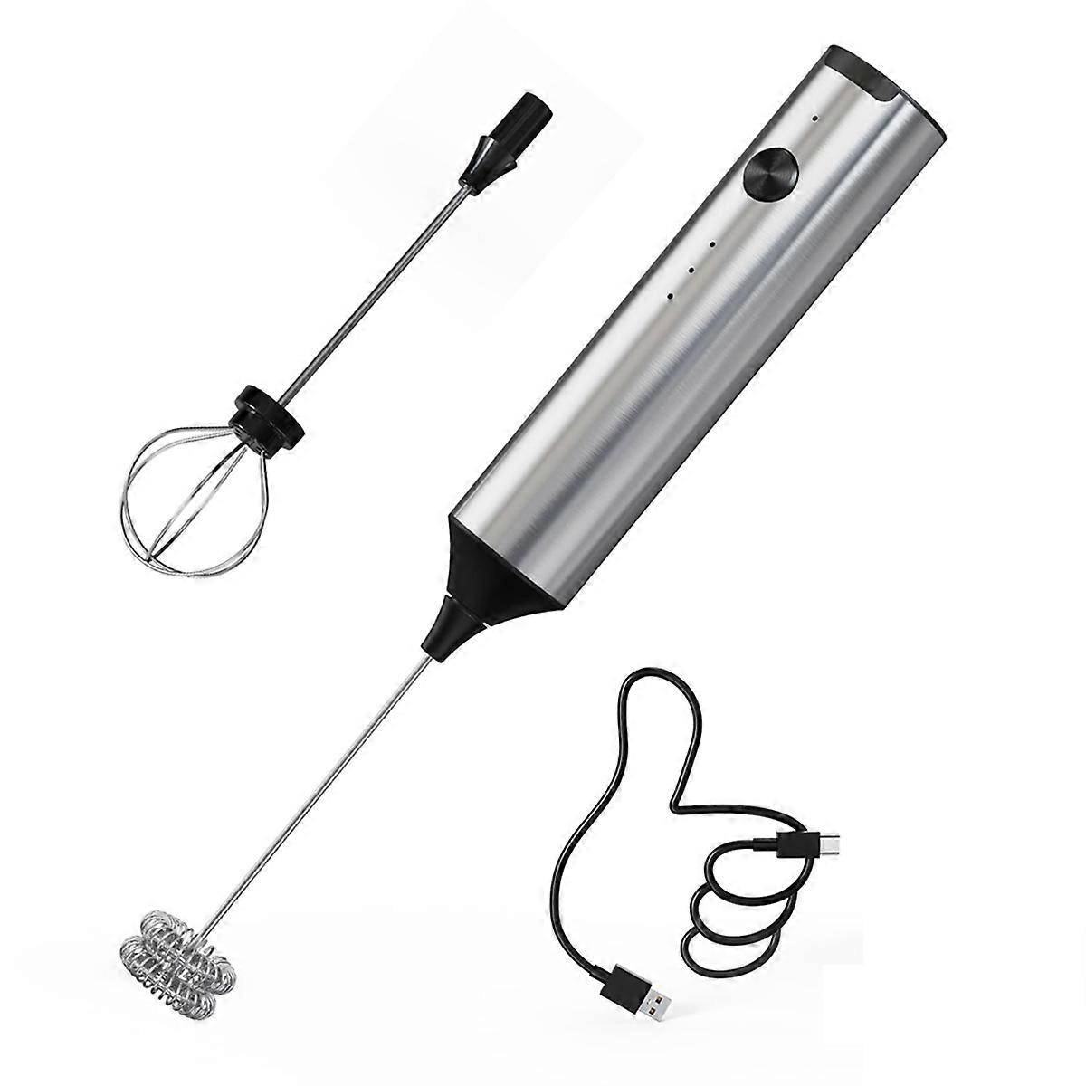 Milk Frother Stick Rechargeable with 3 Speeds and Stand, Electric Milk Frother with 2 Stainless Ste
