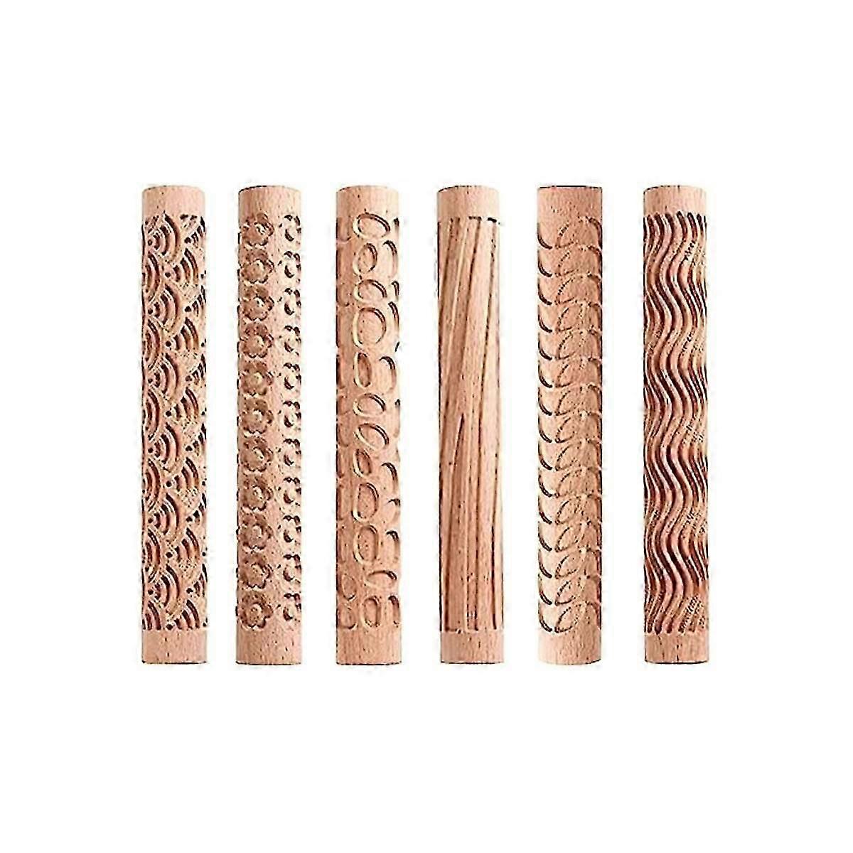 Set of 6 Wood Clay Modeling Pattern Rollers Kit, Clay Rolling Pin Textured Hand Roller Wooden Handl