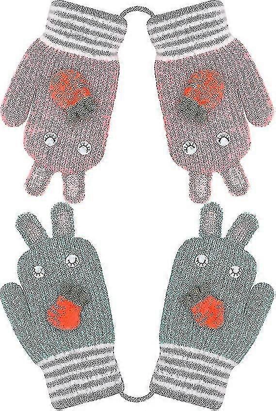 2 Pairs Kids Cute Knitted Gloves With String