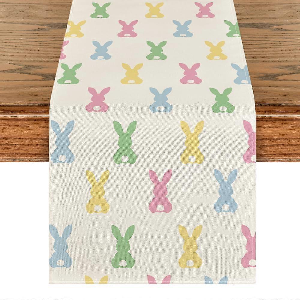 Green Pink Rabbit Easter Tablecloth 13x90 Inch for Spring Kitchen Dining Table Decoration, Water-Resistant Fabric