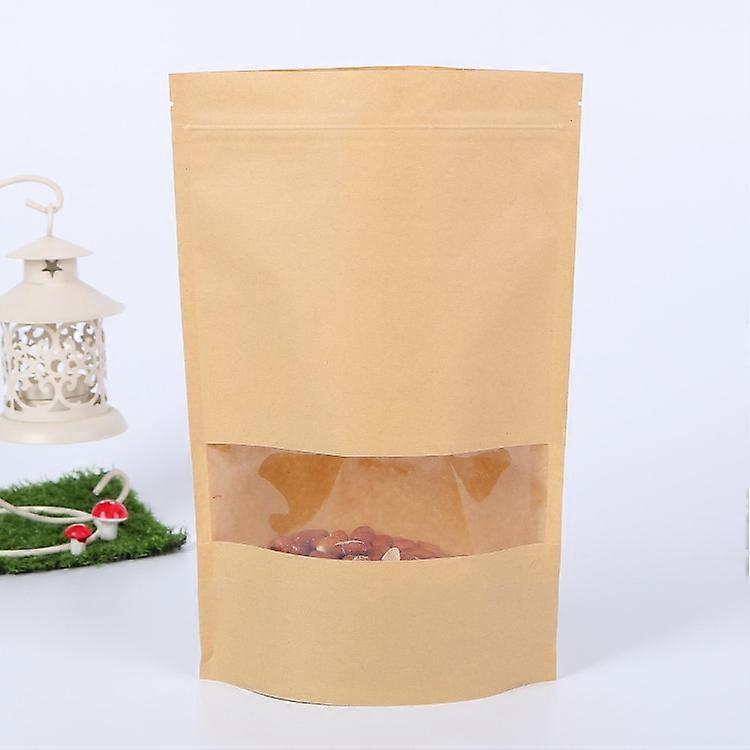 50 PCS Zipper Self Sealing Kraft Paper Bag with Window Stand Up for Gifts/Food/Candy/Tea/Party/Wedding Gifts 14x20+4cm