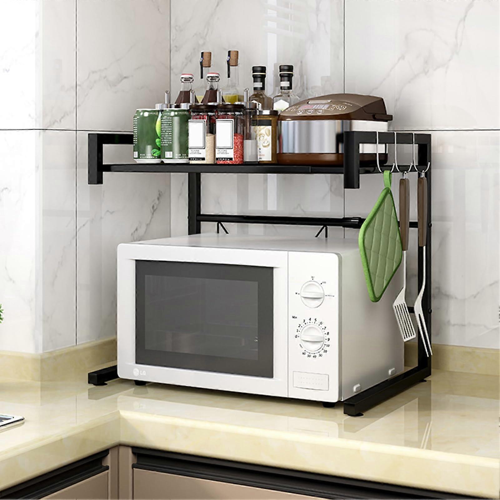 Extendable Microwave Oven Rack Adjustable 2-Tier Kitchen Counter Shelf Non-Slip Microwave Stand With Hooks Black