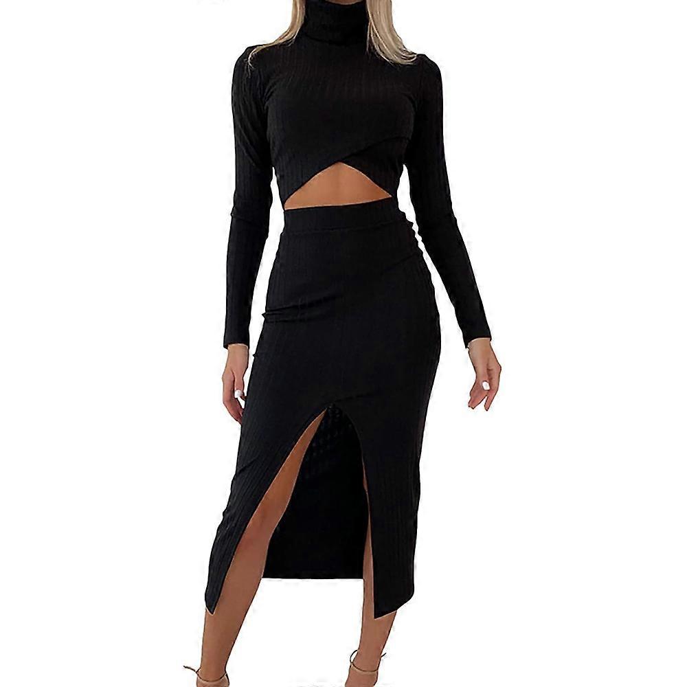 High-necked ribbed women's two-piece suit---black--L
