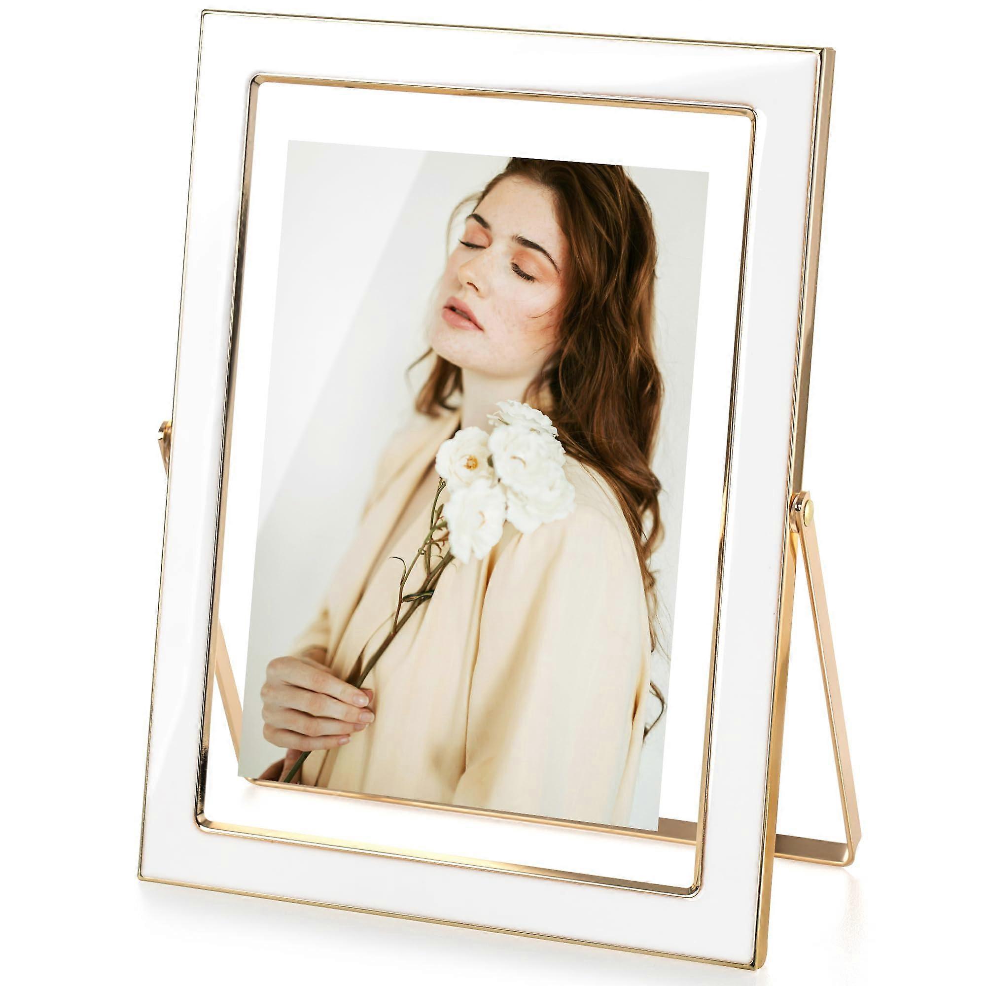 5x7 Gold Floating Frame with White Enamel and Metal Edge for 4x6, 3.5x5 Photos - Double Glass Vertical Display