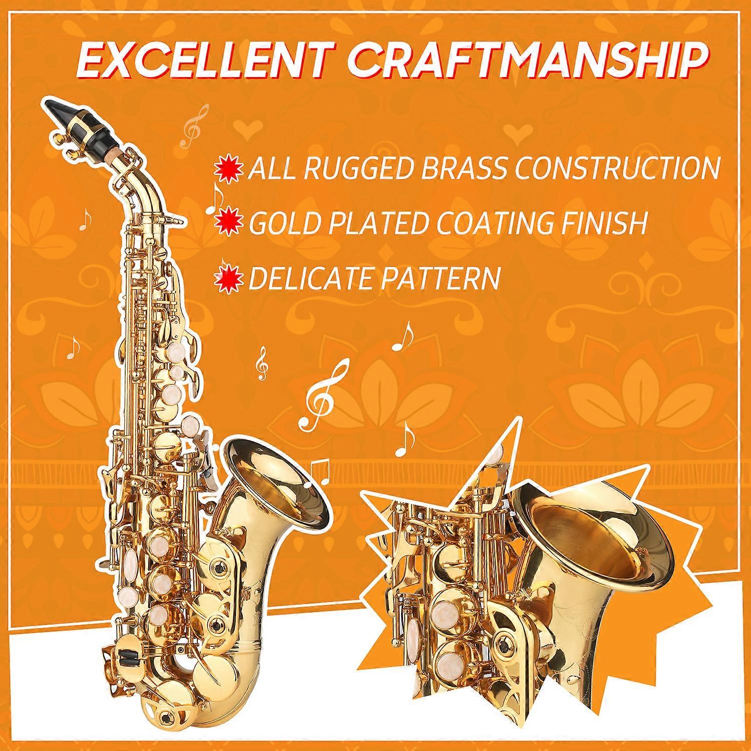B-flat soprano saxophone, gold lacquered brass, with case, mouthpiece, neck strap, cleaning cloth, brush for beginner musicians