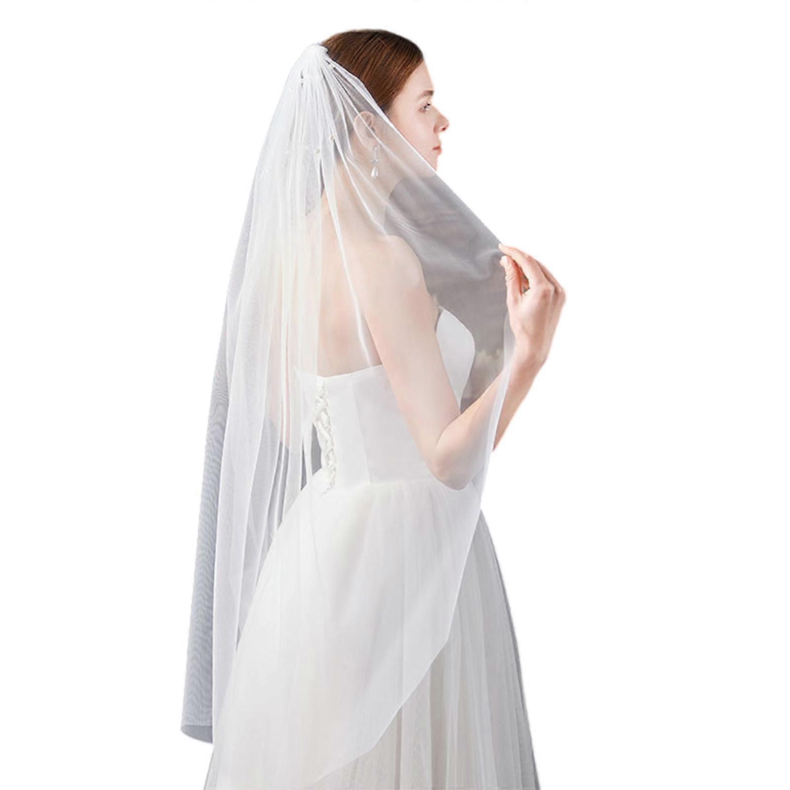 Elegant Single Layer Veil Artificial Pearls Beaded Bridal Veil with Hair Comb For Weddings Formal Event Head Accessory White