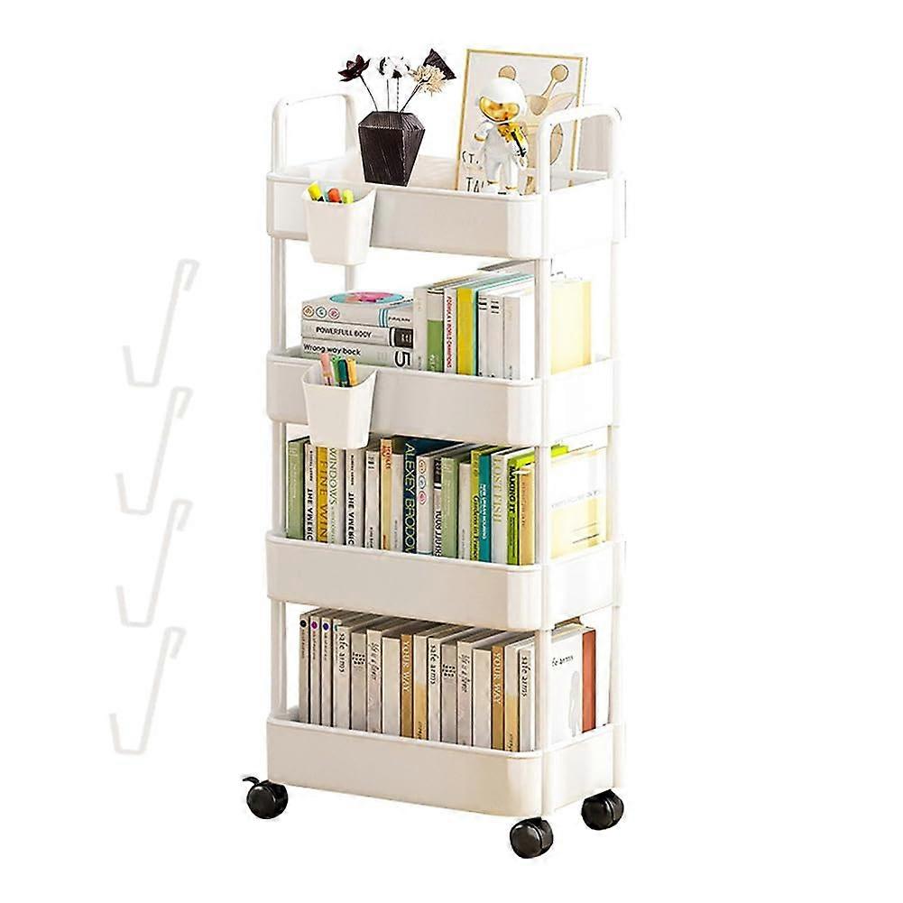 Movable Bookcase Trolley, Rotatable Removable Multifunctional Plastic Trolley (White, Four Compartments)