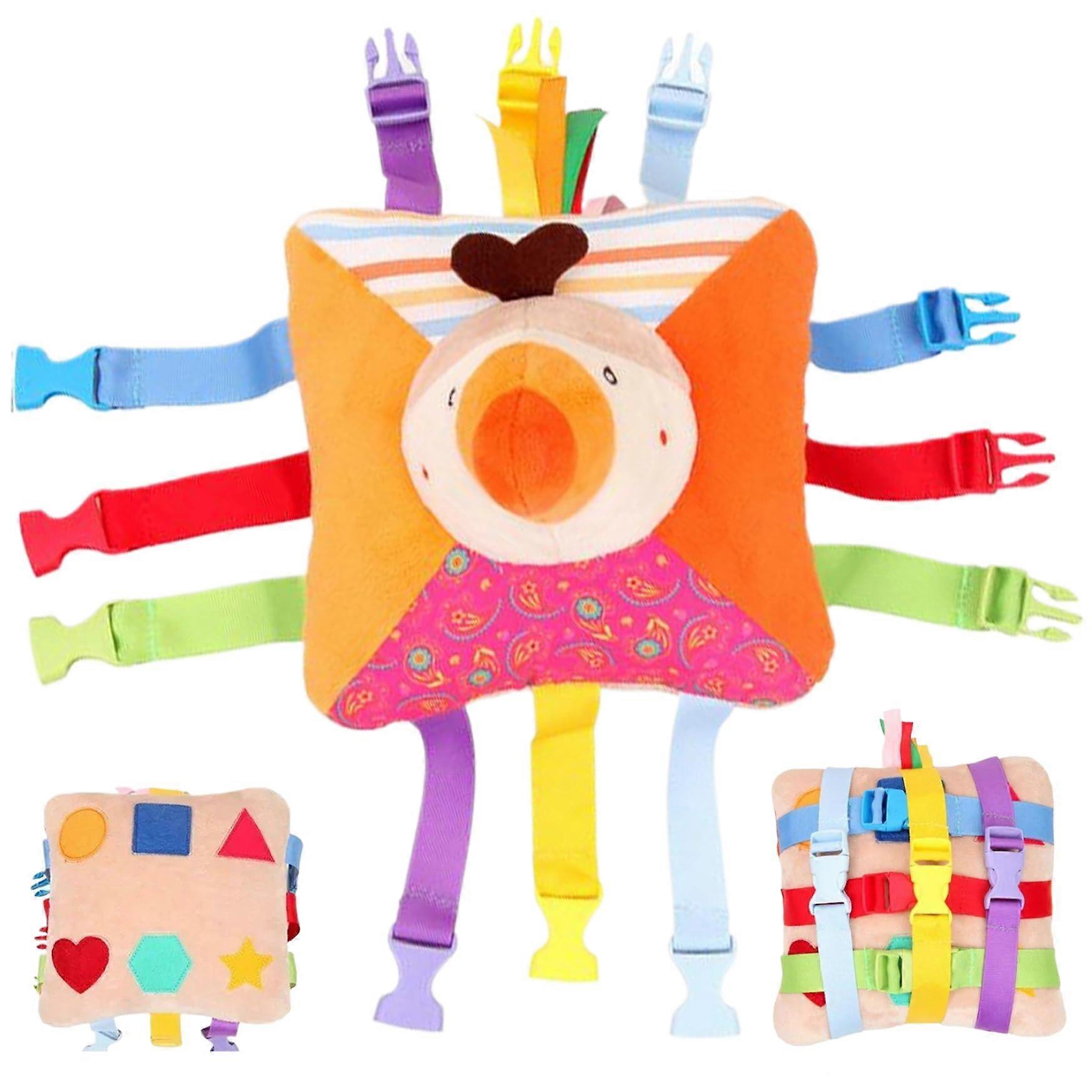 Buckle Toy for Toddlers, Educational Travel Toy with 6 Buckles, Bird Pattern, Geometric Figures, Built-in Pocket