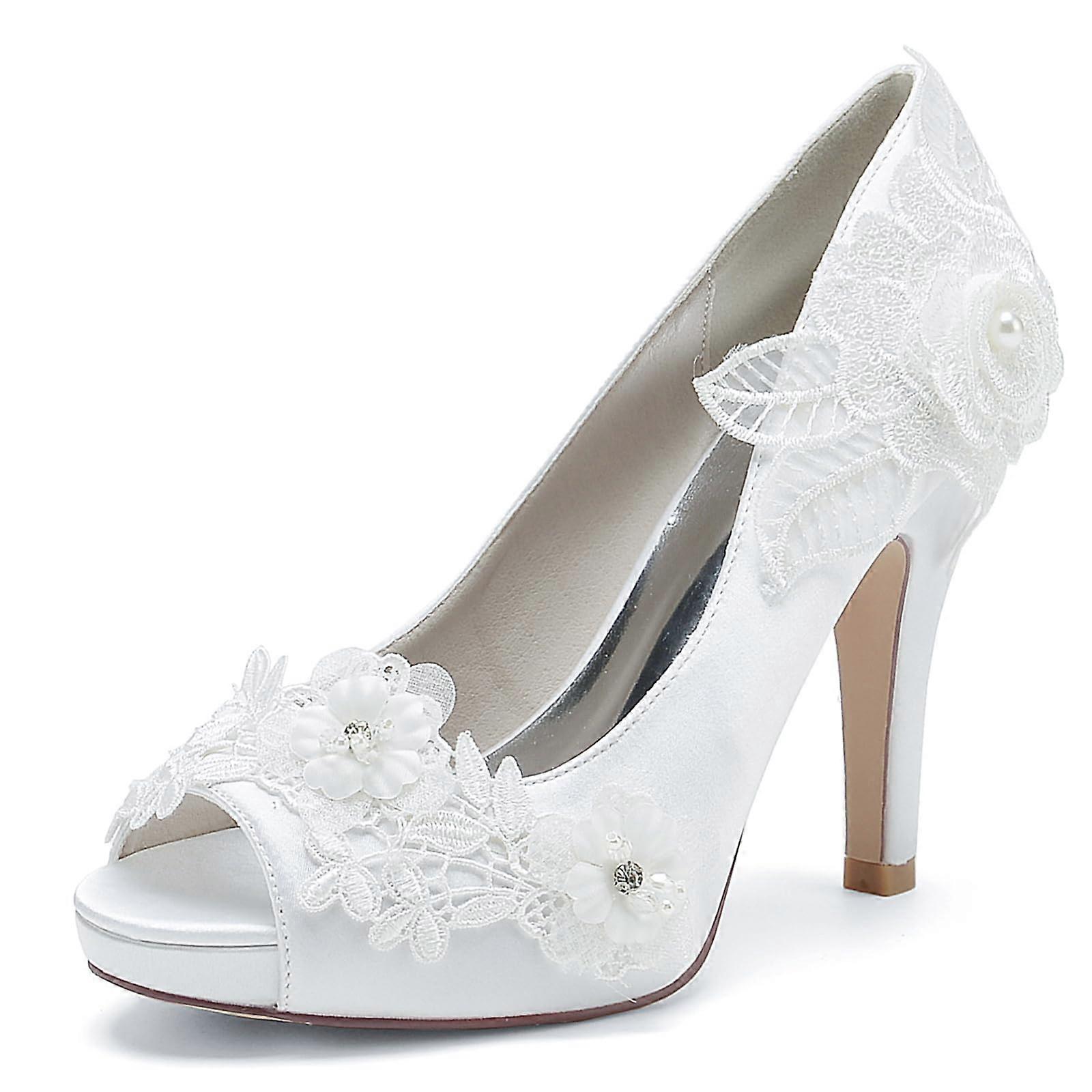 Women's Peep Toe Stiletto Heels Satin Party Wedding Bridal Shoes with Stitch Lace Flower Fish Mouth SlipOn Sandals 40 EU White