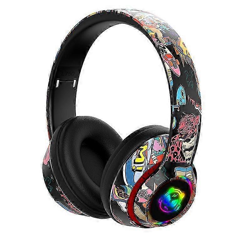 2025 L750 Bluetooth Headset Cool Graffiti Headphone with LED Light Earphone Support TF Card/3.5mm Audio Wired for Mobile Phone Computer