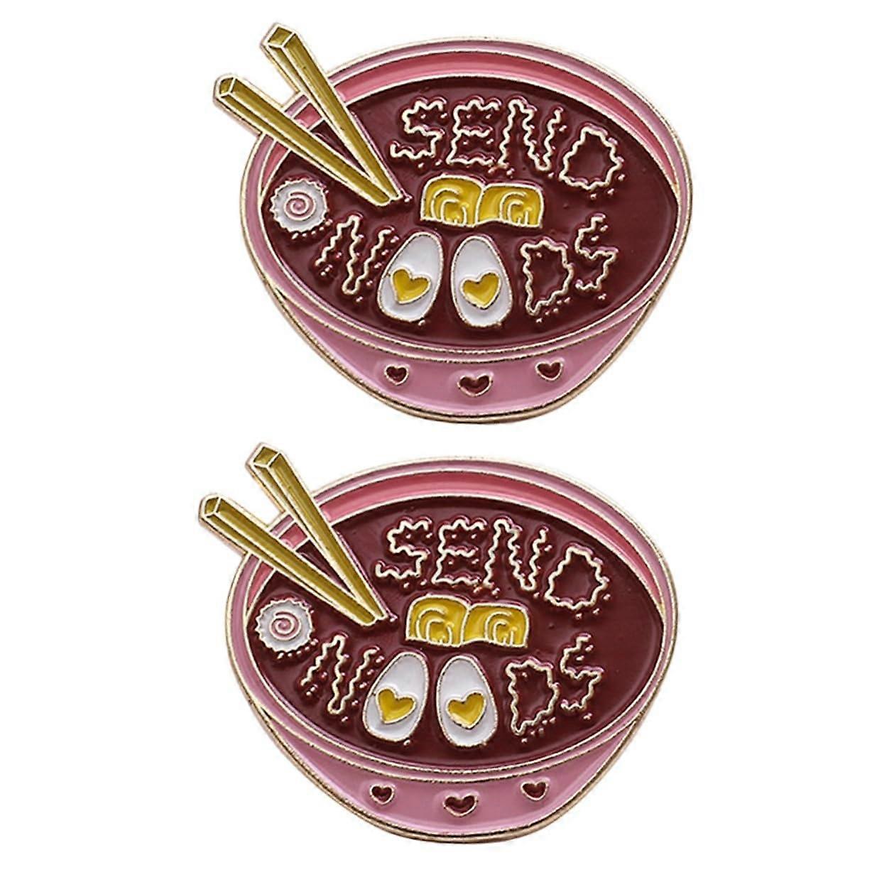 Pack of 2 Cartoon Noodle and Bowl Enamel Brooches, Funny Pins for Clothes, Metal Pin Badge, No Gemstone