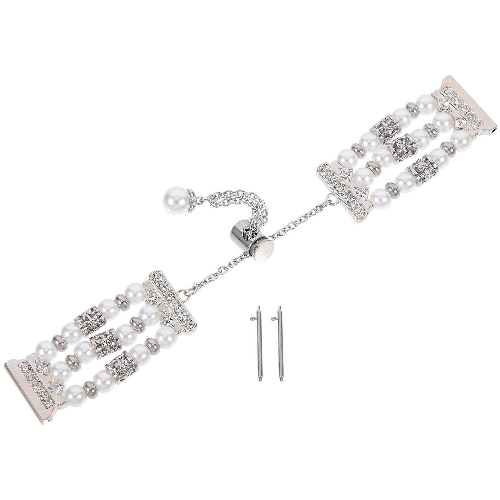 Delicate Pearl and Metal Watch Band Adjustable Size with Button Lock Silver Color for Decoration Use