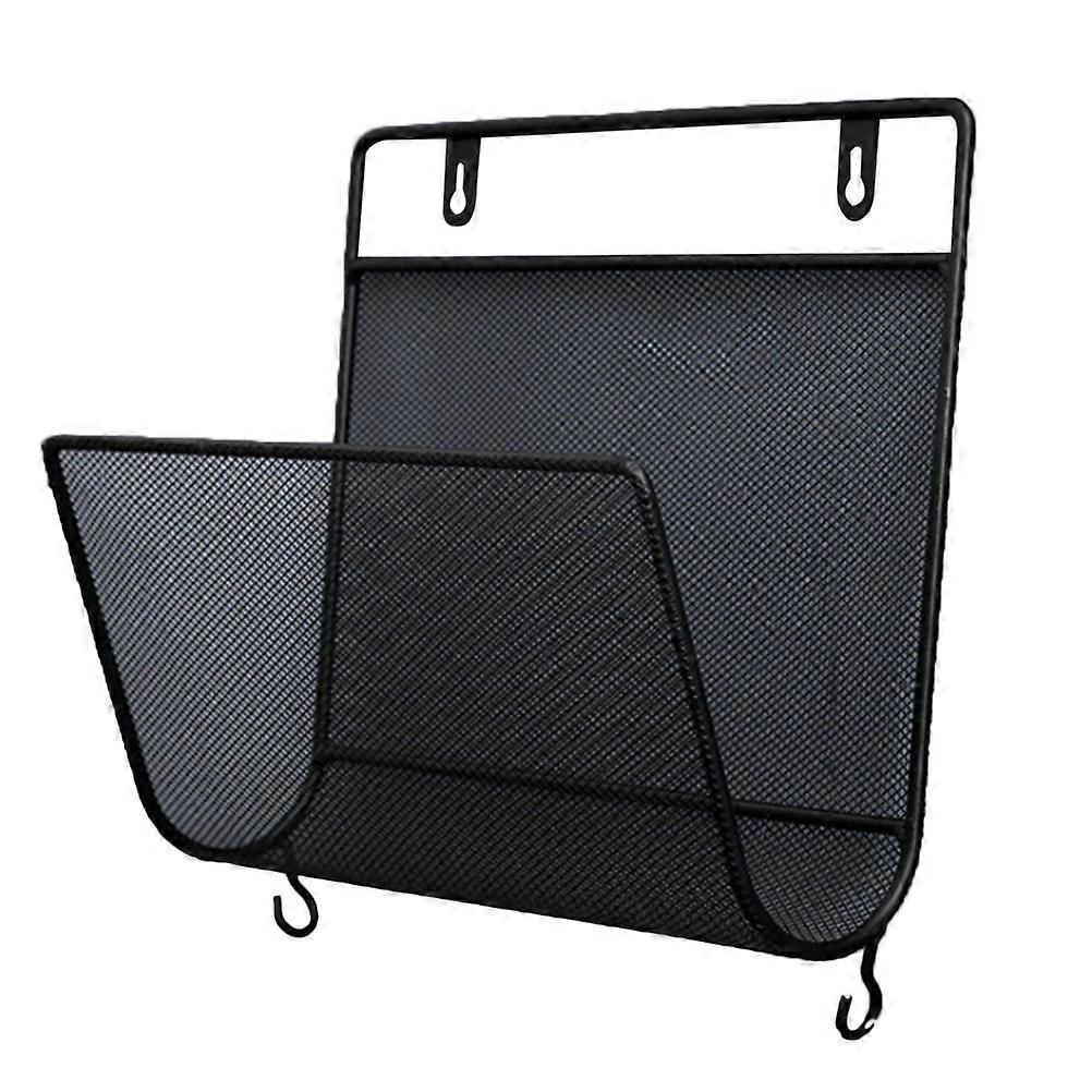 Nordic Style Wall Mounted Rack Iron Bended Mesh Magazine Carrier Shelf Creative Book Album Holder with Small Hooks for Home Office Shop (Black)