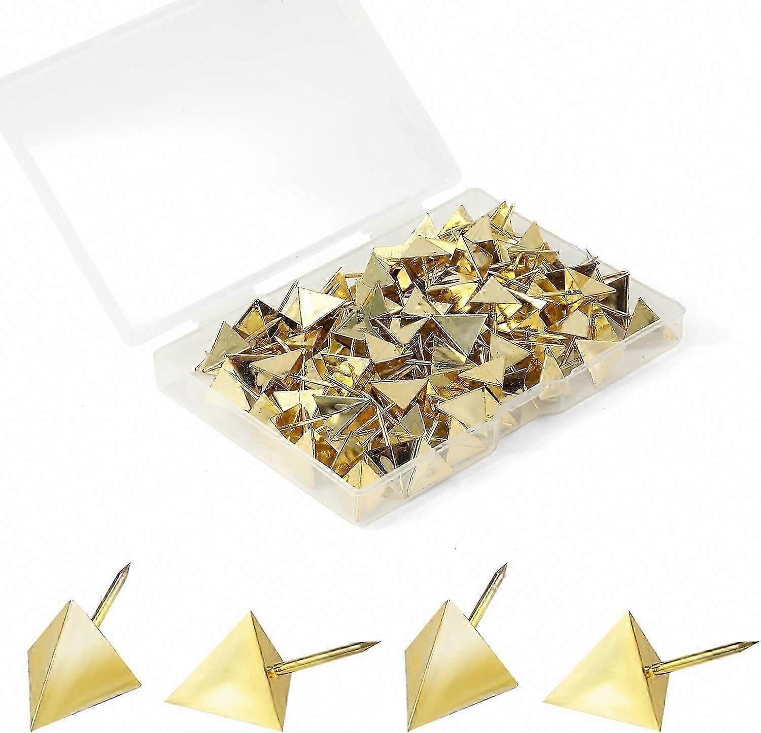 100 Gold Push Pins, Decorative Steel Tip Triangle Thumb Tacks for Cork Board, Map & Crafts (22mm)
