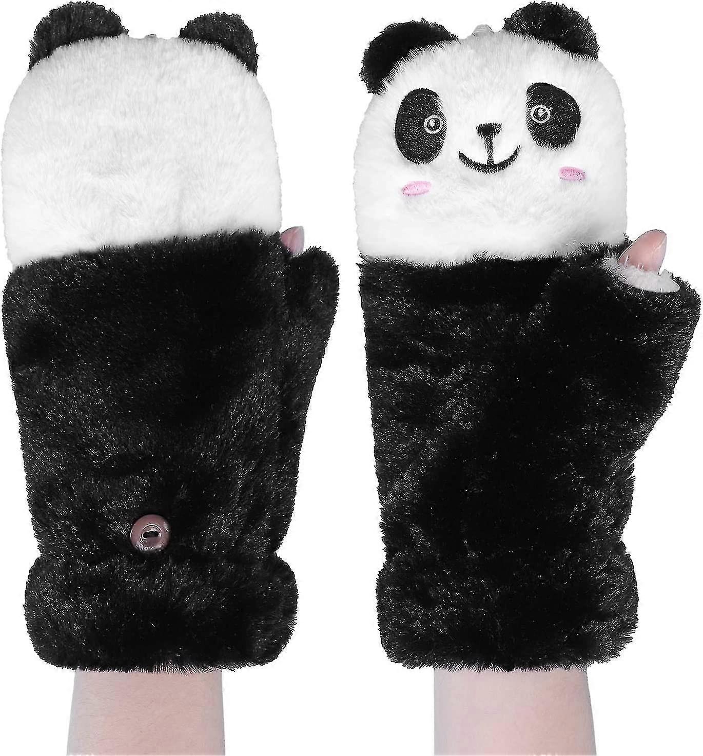Thickened Furry Gloves, One Size Fits All, Panda Pattern, Three Colors Available