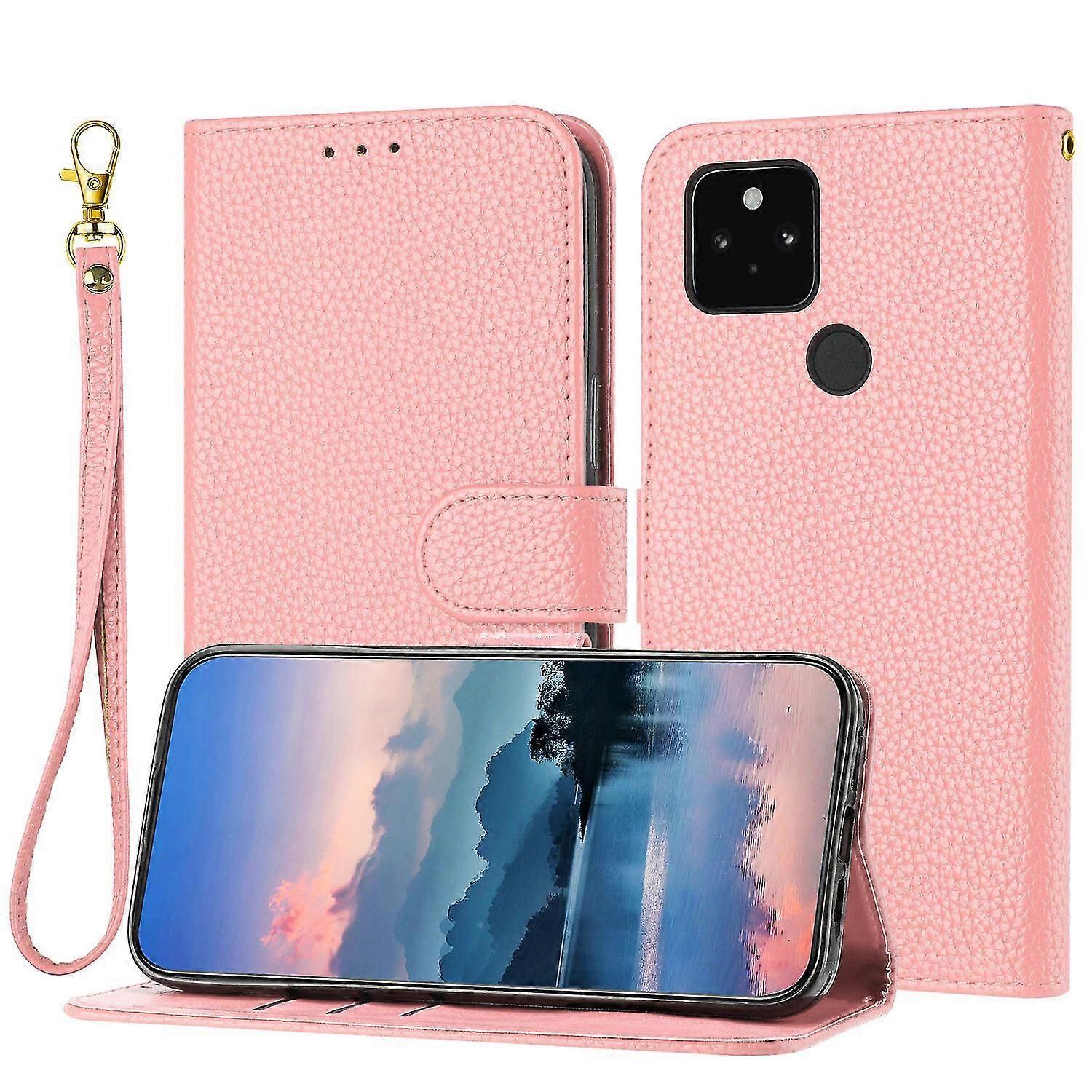 For Google Pixel 5 Case, Litchi Grain PU Leather Folio Cover Magnetic Closure Flip Wallet Card Slots Stand Case With Hand Strap,Brown