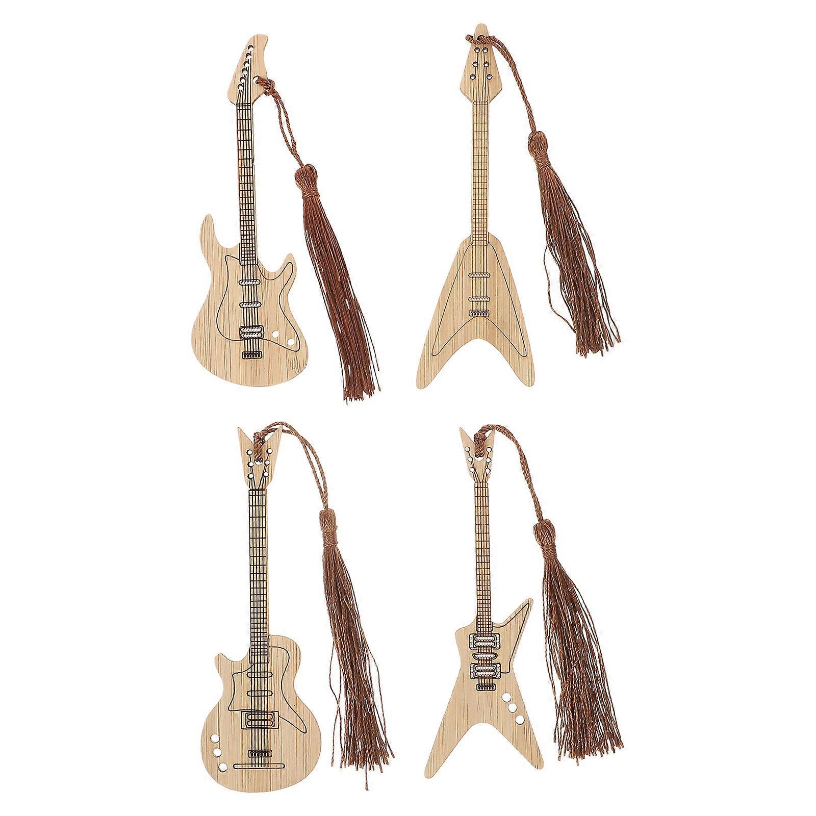 4pcs Guitar Shaped Bamboo Bookmarks with Tassels – Stylish and Lightweight Reading Markers for Music Lovers and Craft Enthusiasts