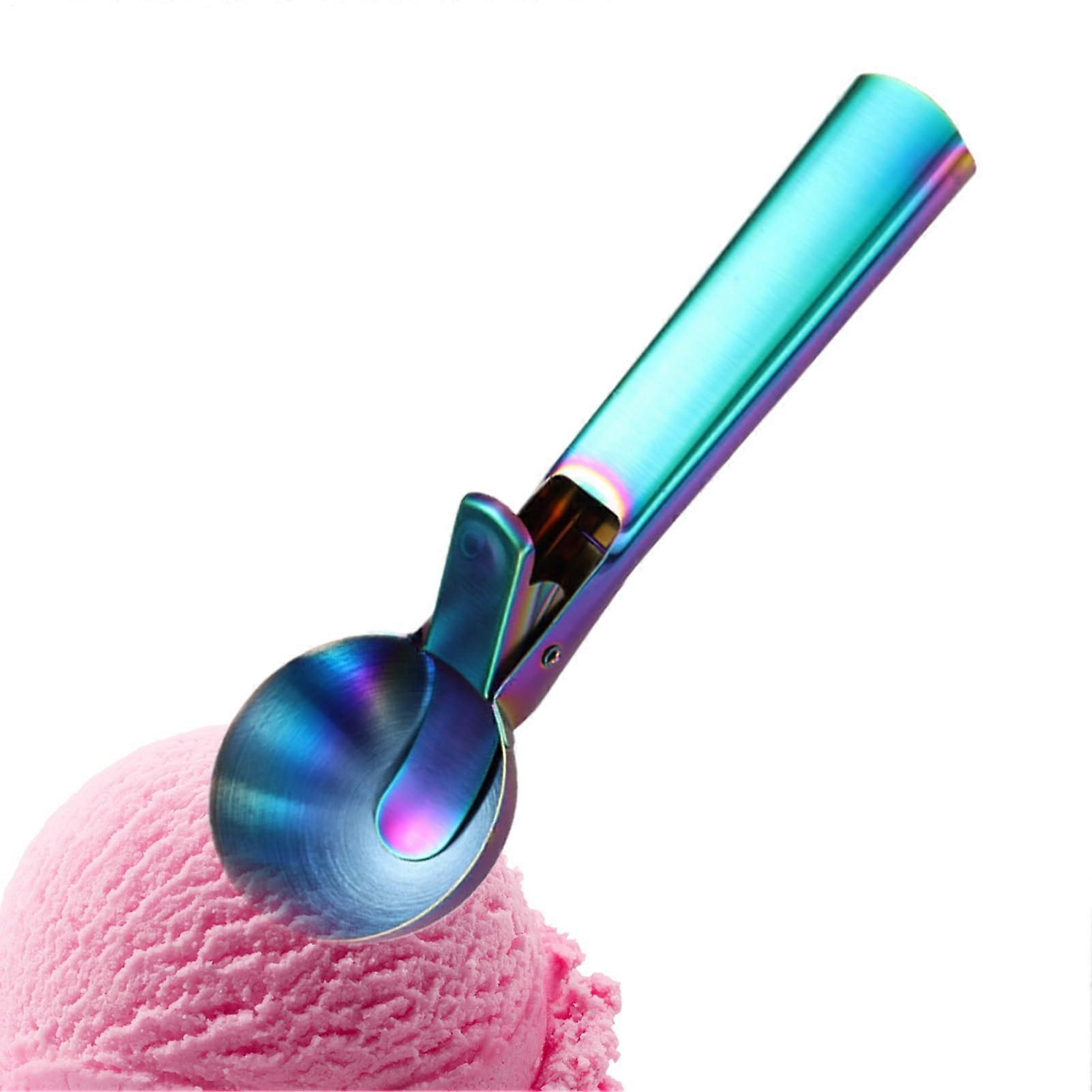 Stainless steel trigger scoop for cookie dough, ice cream in assorted colors.