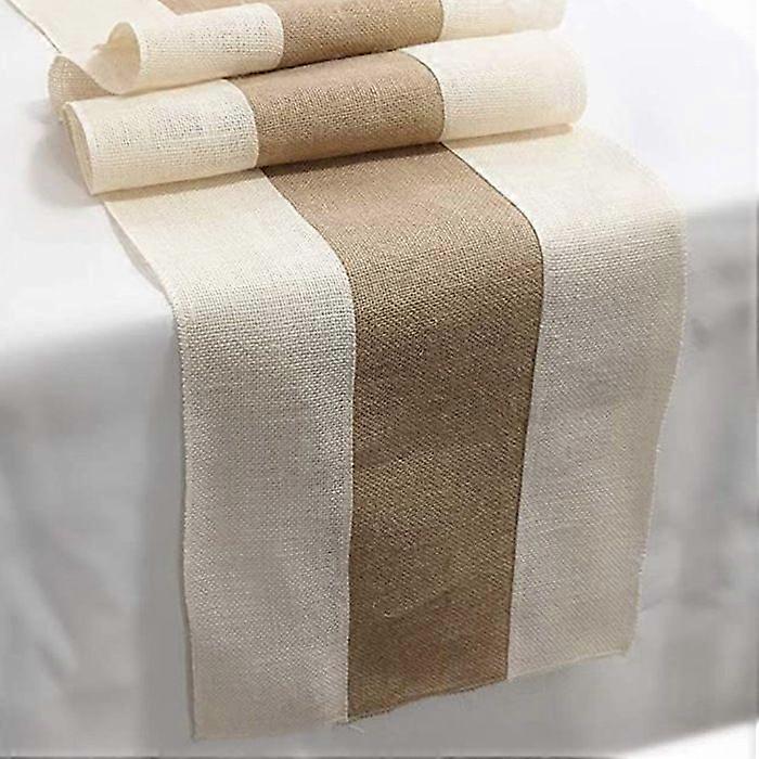 Jute Table Runner, Two Colors Spliced, Natural Retro Style Home Decoration, Family Gathering,