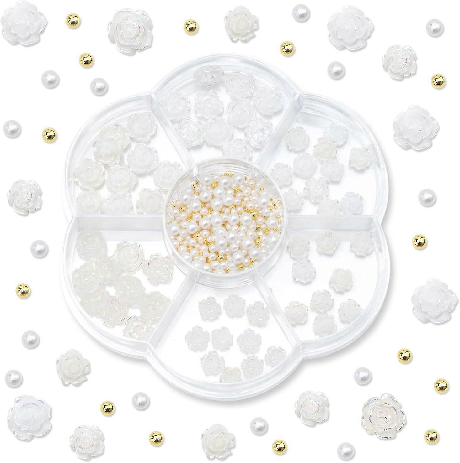 ローズネイルチャーム - 3Dシャイニーラインストーン、パールネイルオーロラカラーDIYジュエリーキットホワイトA