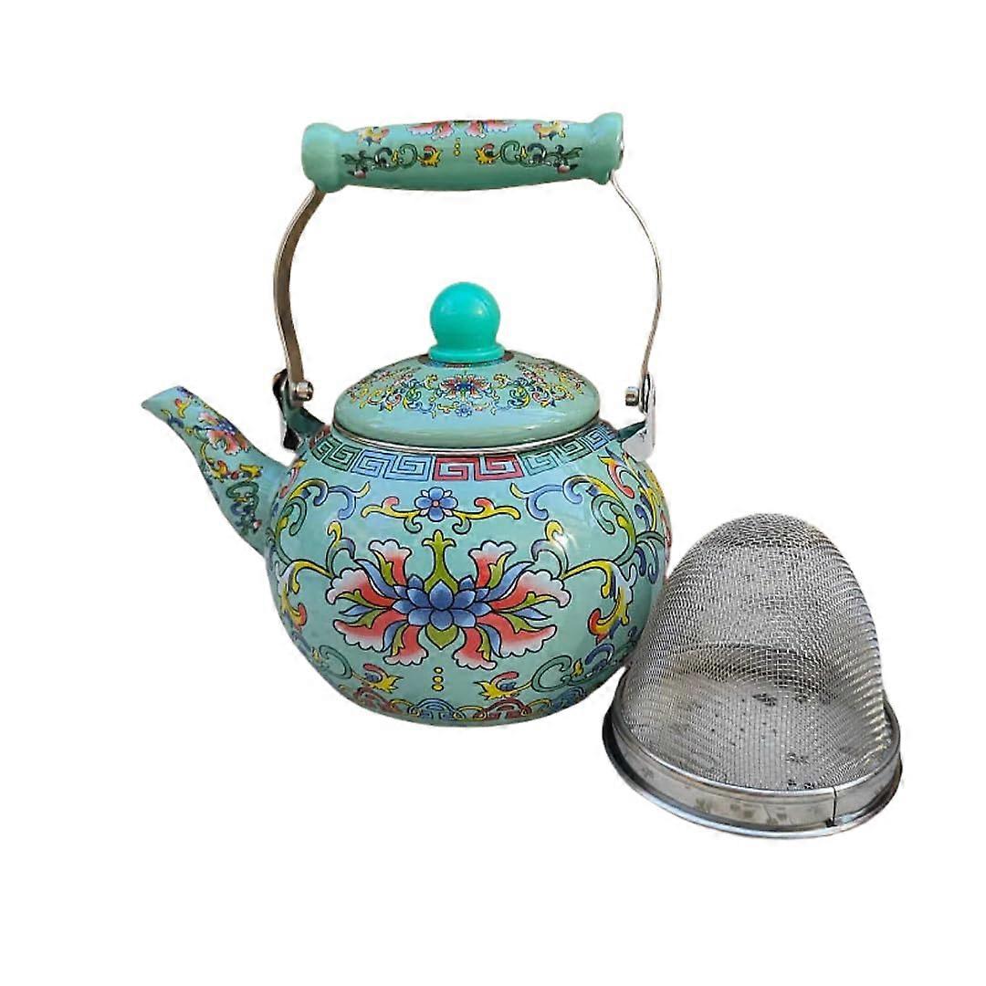 Enamel Coffee Pot 2.2L For Coffee And Tea Camp Use Open Flame And Electric Stove Safe Vintage Floral Green Lotus
