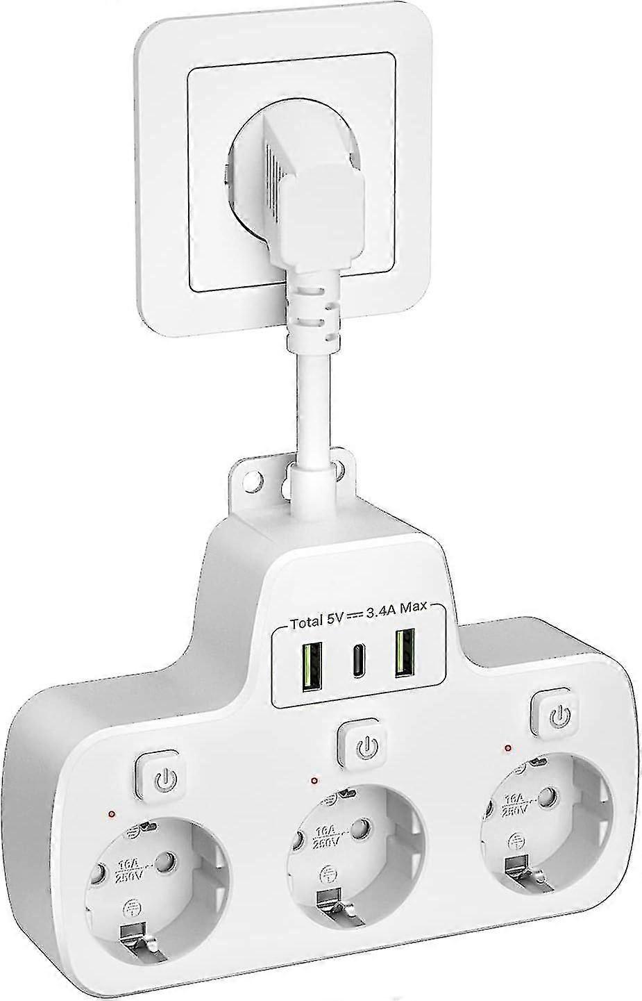 Usb Power Strip 3 Outlets, Usb C Power Strip With 3 Individual Switches Connected Socket Wall Power Strip With 3 Usb Ports 5v/17w compatible with Home