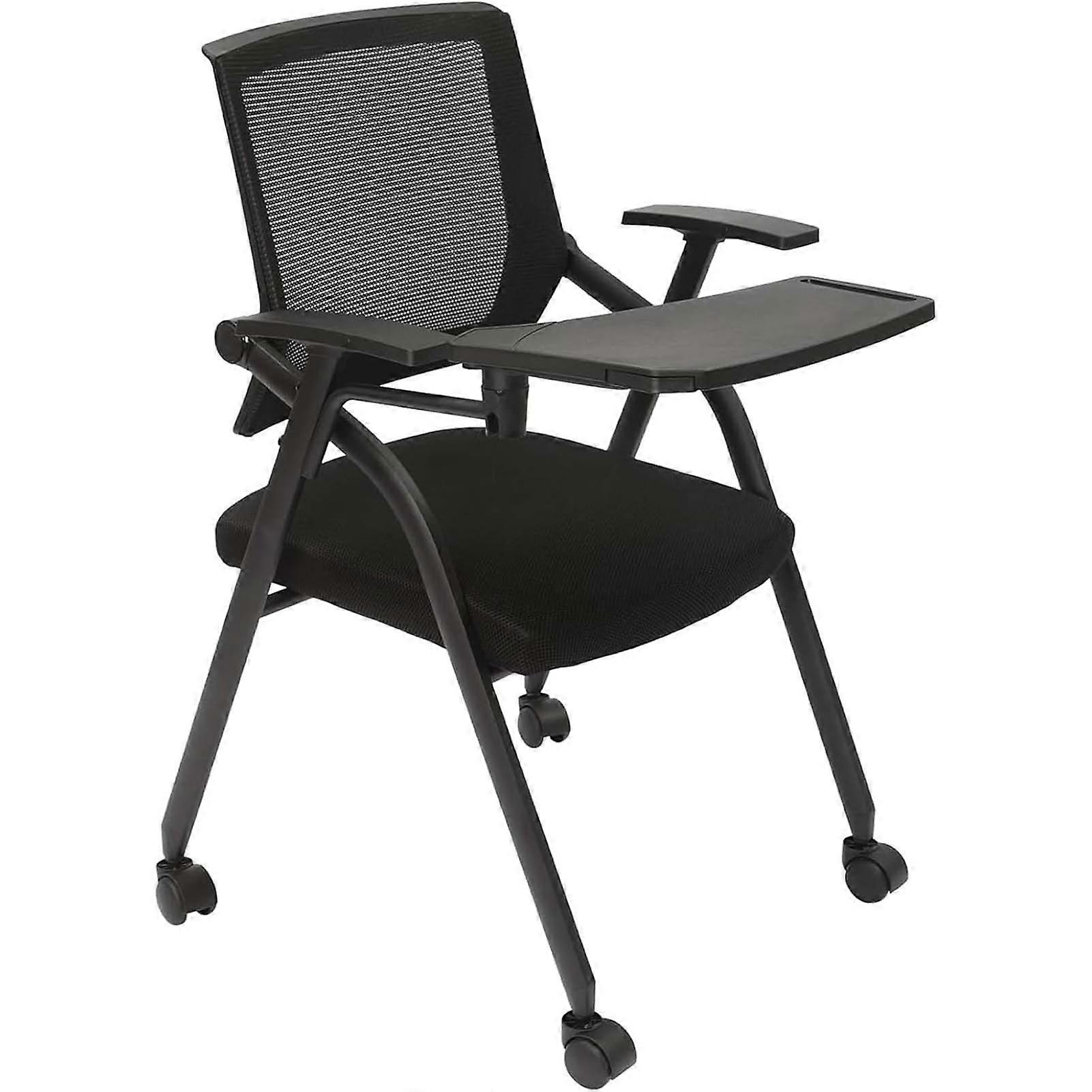 Tablet Arm Chair 4 Pack With Caster Wheels Mesh Back Black Meeting Room Stack Chair Steel Folding Conference Chair