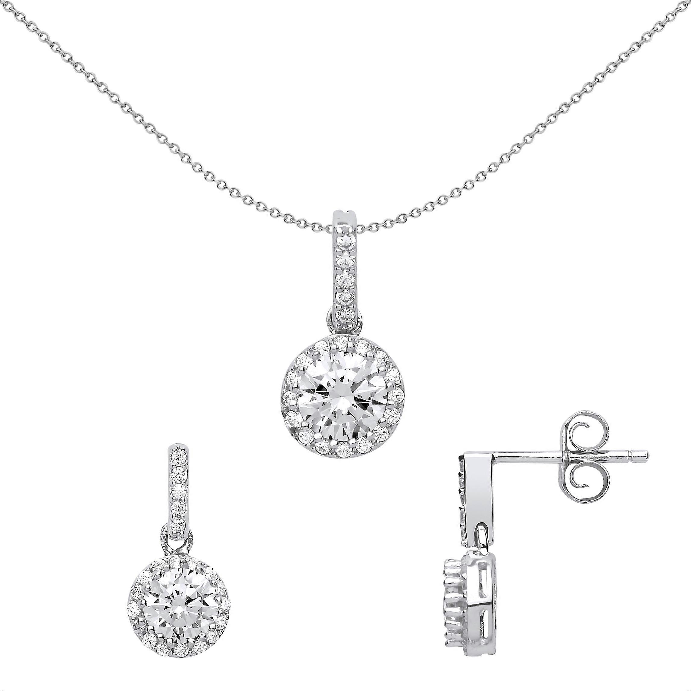 Jewelco London Ladies Sterling Silver Cubic Zirconia Halo Earrings Necklace Set
