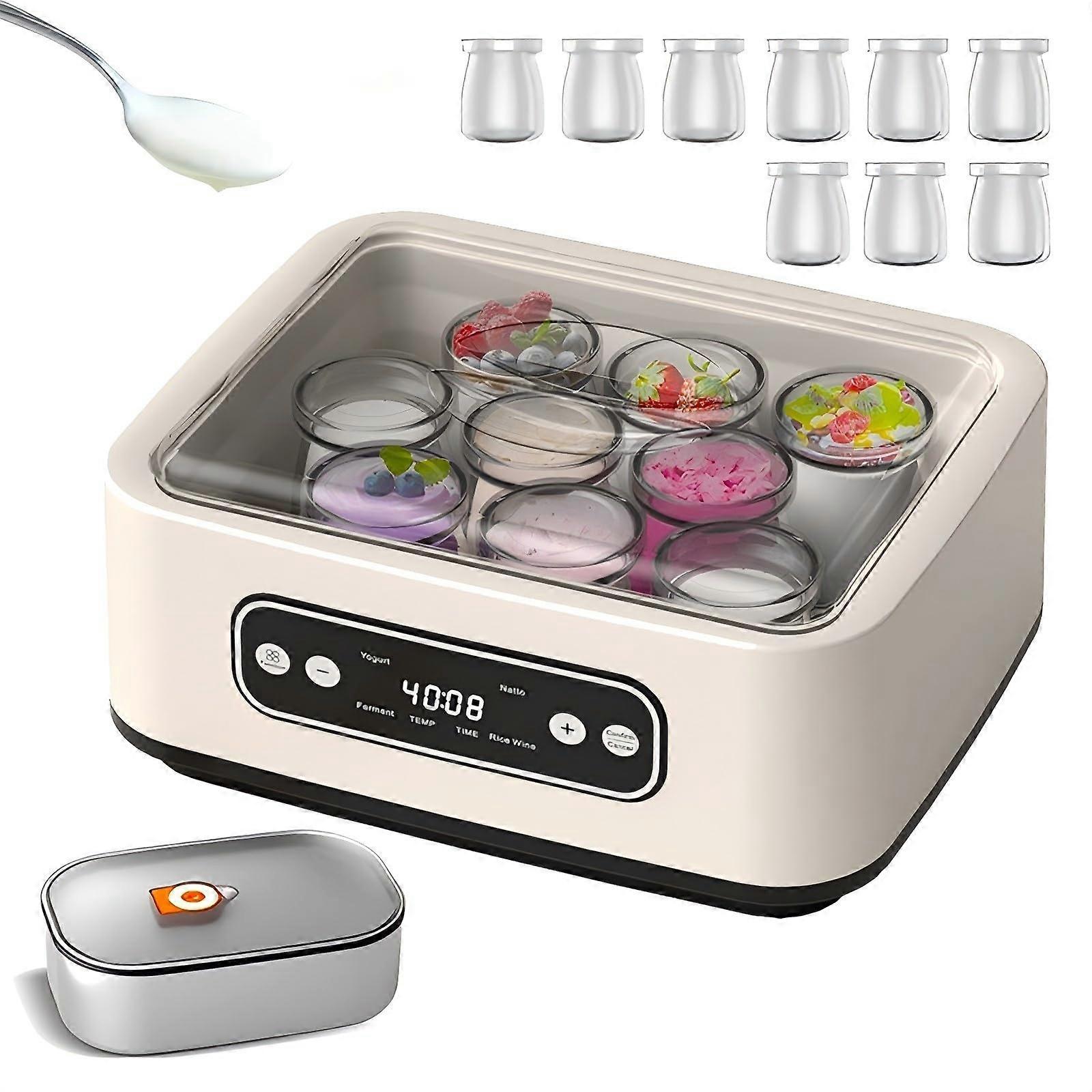 Yoghurt Maker With Thermostat 1.6 L 9 Jars LCD Display Stainless Steel Body 4 Modes Yogurt Rice Wine Natto Fermentation