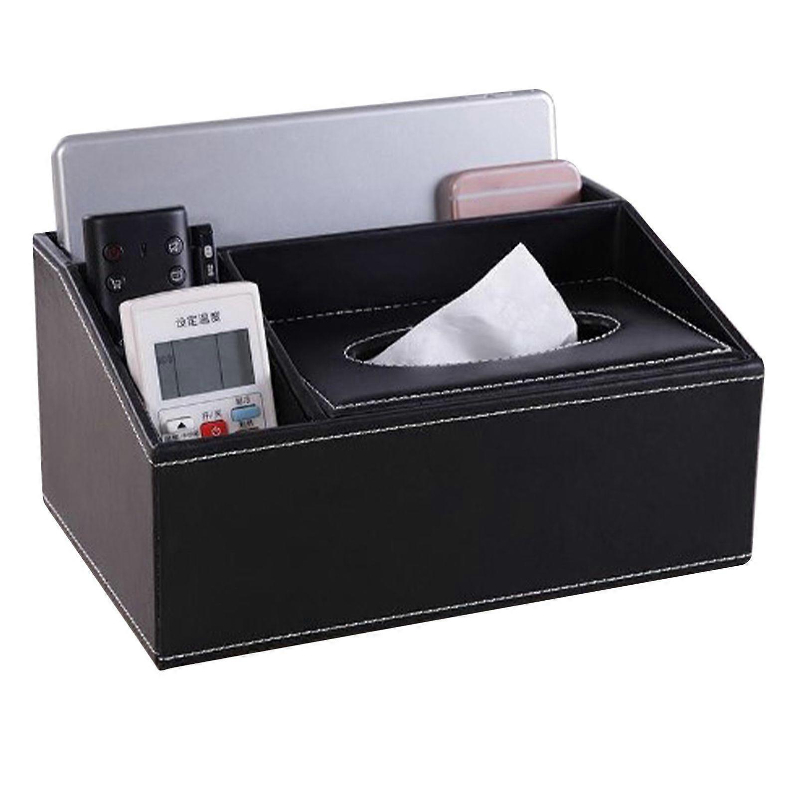 Multifunction Tissue Box Black Multiple Compartments Durable PU Leather Rectangular Tissue Box Cover for House Office