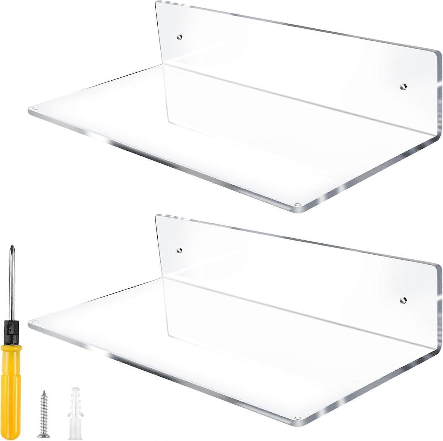 12" L-Shaped Acrylic Floating Shelf, 5mm Thick Clear Wall Mounted Shelves, Invisible for Storage & Display (2 Pack)