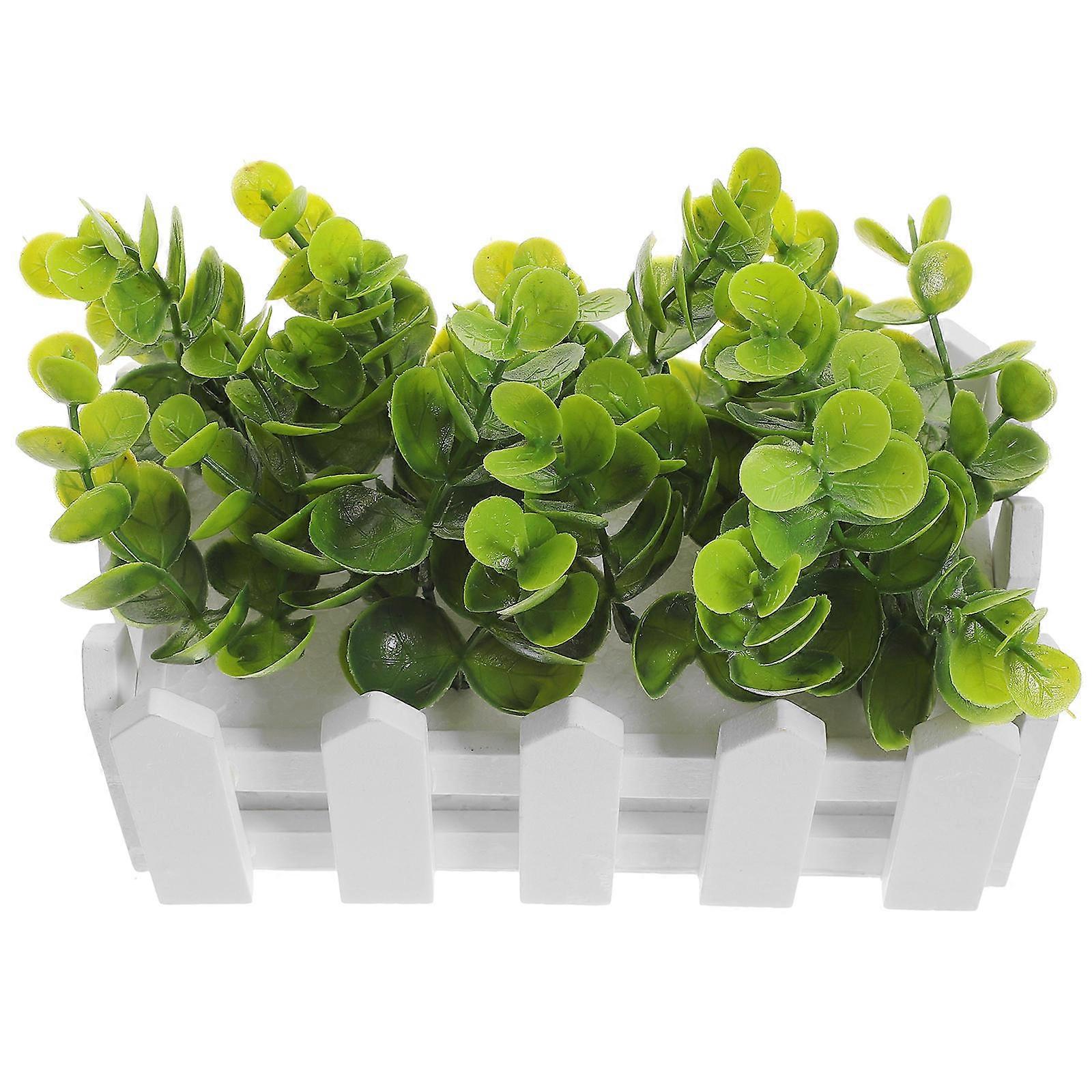Decorative Eucalyptus Greenery With Wooden Fence Suitable For Mood Soothing On Desktop Or Bookshelf 4Pcs