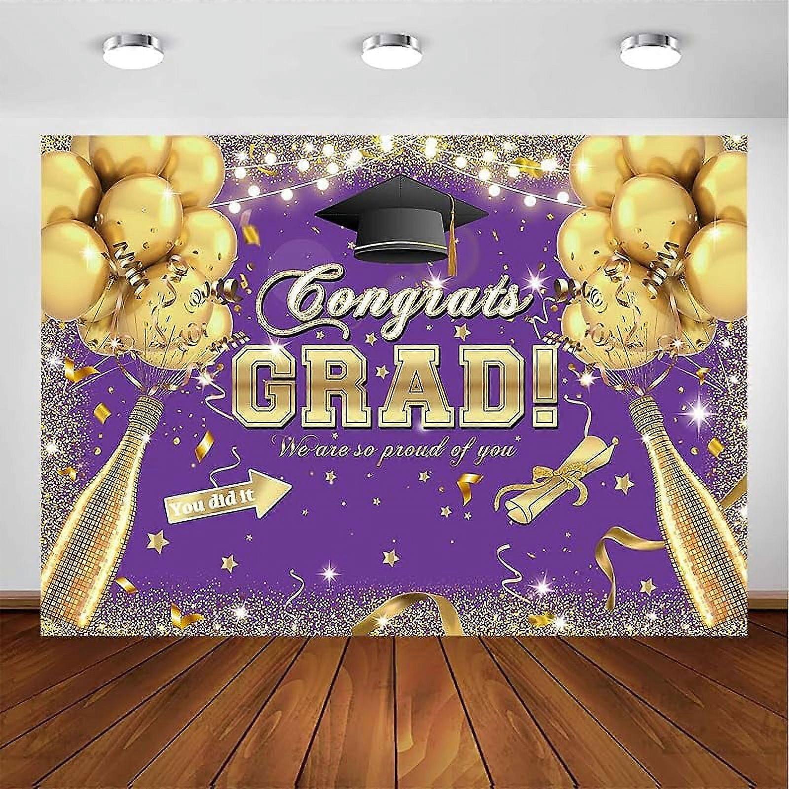 Congrats Grad Backdrop 7x5ft Blue & Gold for Class of 2024, Graduation Party, Prom, Photoshoot Decor (Compatible with Royal Blue)