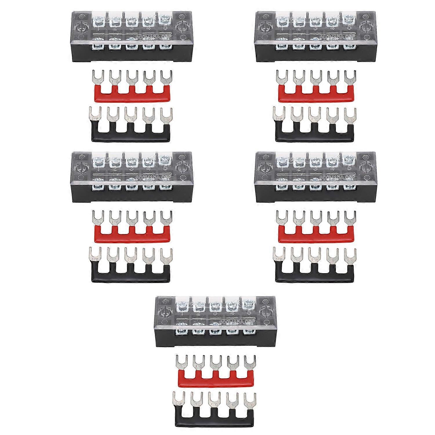 5 Sets Power Distribution Block M3 Screw Terminal 5 Terminals Bus Bar 600V 15A for Automobile Boat