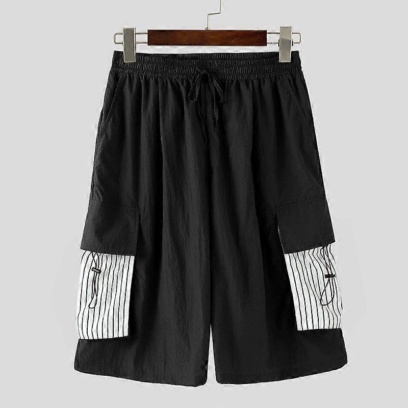 INCERUN Men Drawstring Elastic Waist Striped Casual Loose Wide Legs Capri Pants with Pockets