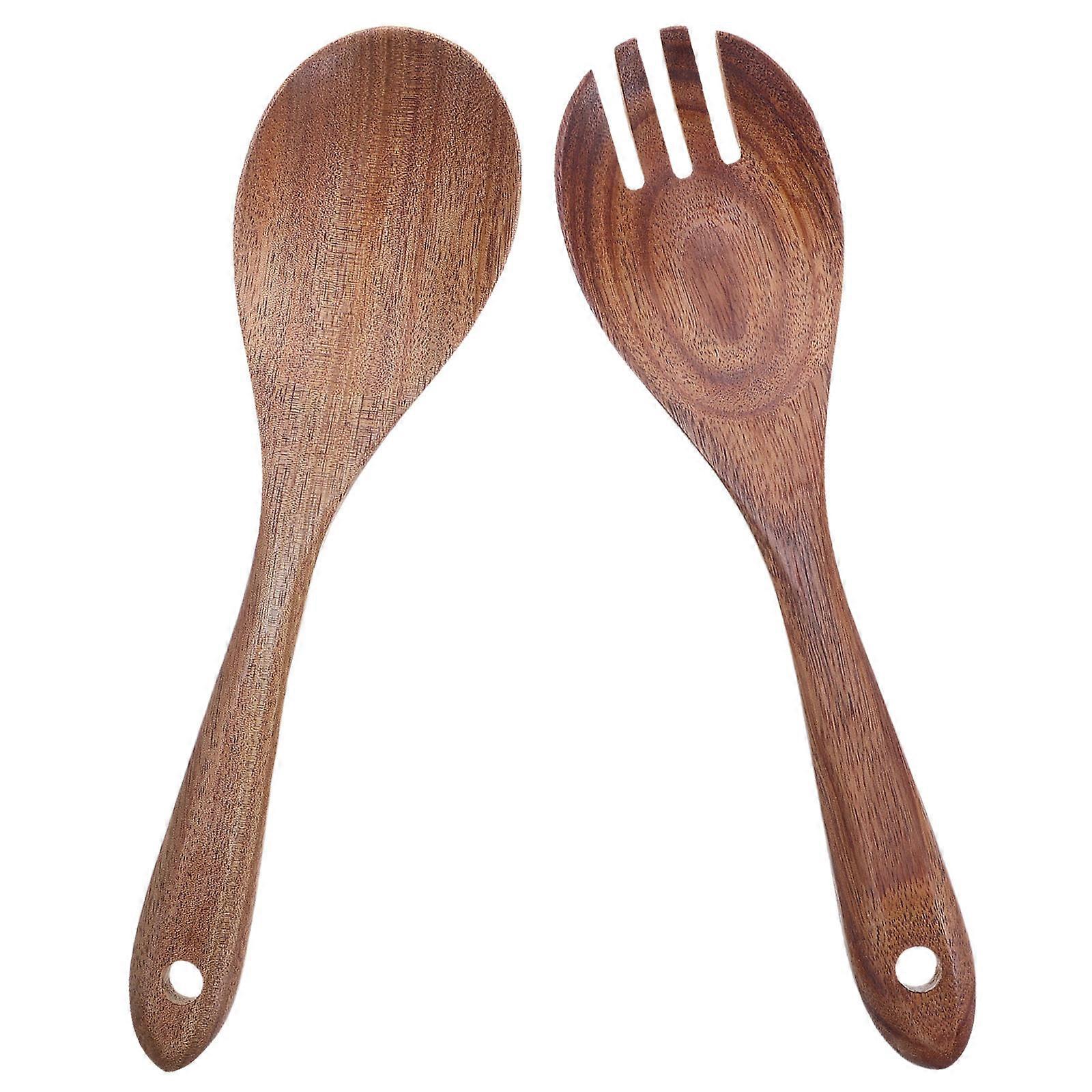 Natural Wood Salad Utensils Set Of 2: Fork And Spoon For Home Cooking And Party Decorations With Long Handle Design - Durable And Versatile