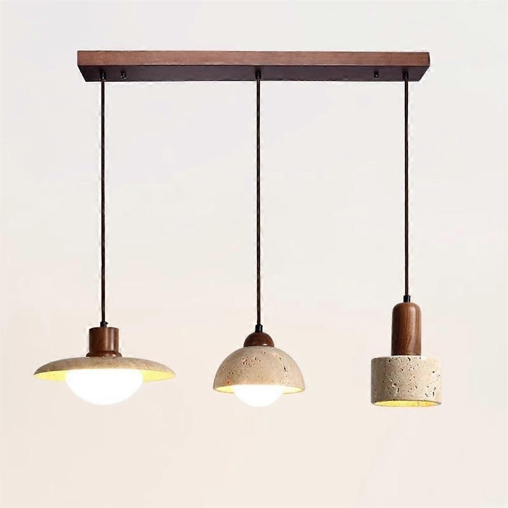 Japanese Wabi Sabi Pendant Light with Wood and Travertine, Adjustable Height Kitchen Island Lamp