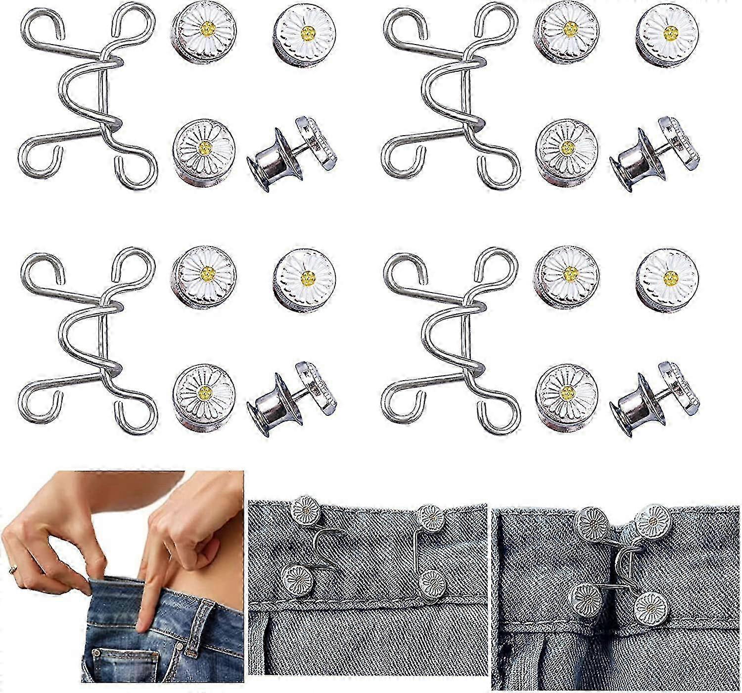 4-Piece Adjustable Waist Buckle Set for Jeans, Pant Tightener with Extra Buttons for Skirts