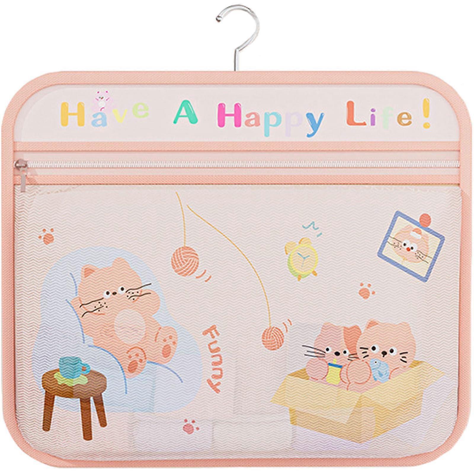 Hanging Mesh Storage Bag Cartoon Organizer Single Layer Pink with Hook SpaceSaving Breathable
