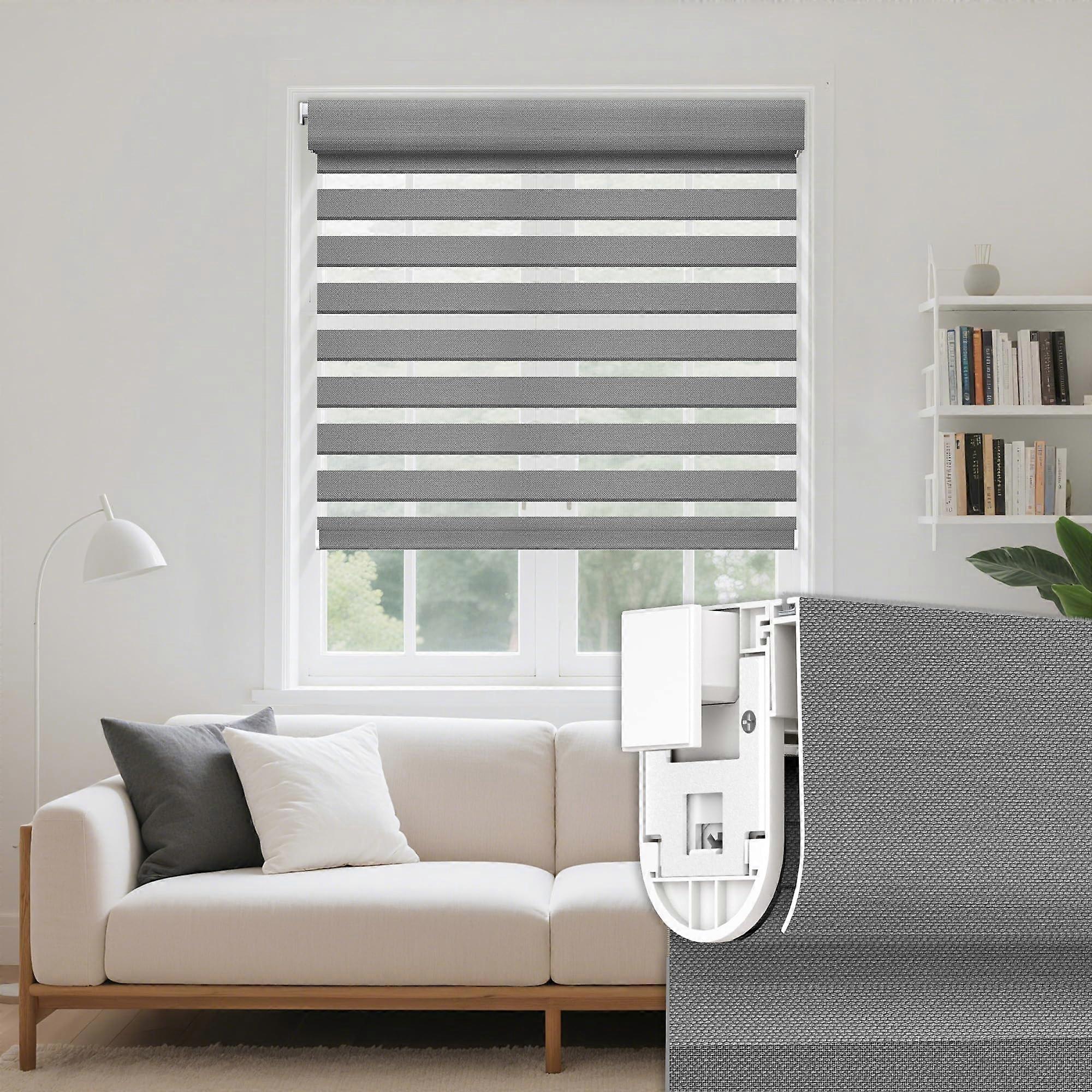 No Drill Zebra Blinds for Windows, Cordless Dual Layer Light Filtering Shades, Custom Textured Grey
