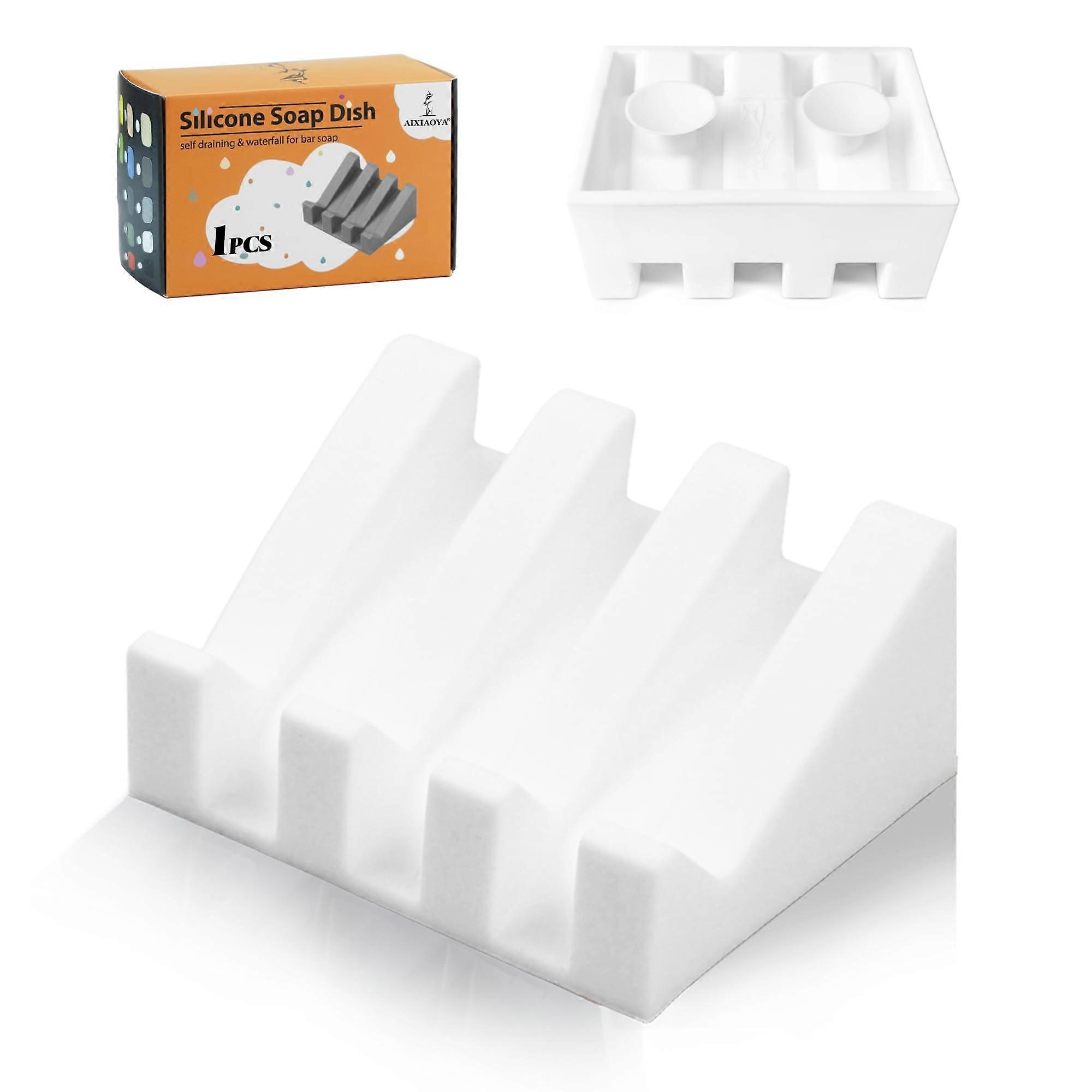 Silicone Soap Dish with Drain, AntiSlip Suction Base, Waterfall Soap Holder for Shower, White