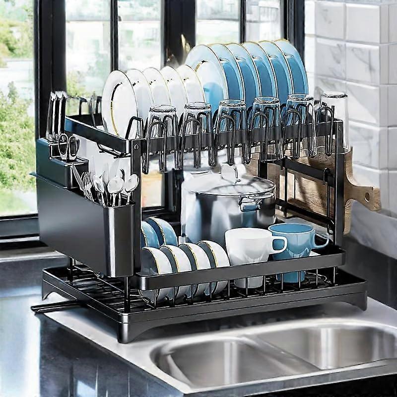2 Tier Dish Drying Rack with Drainboard, Large Capacity Black Stainless Steel Kitchen Organizer Ref: 5469