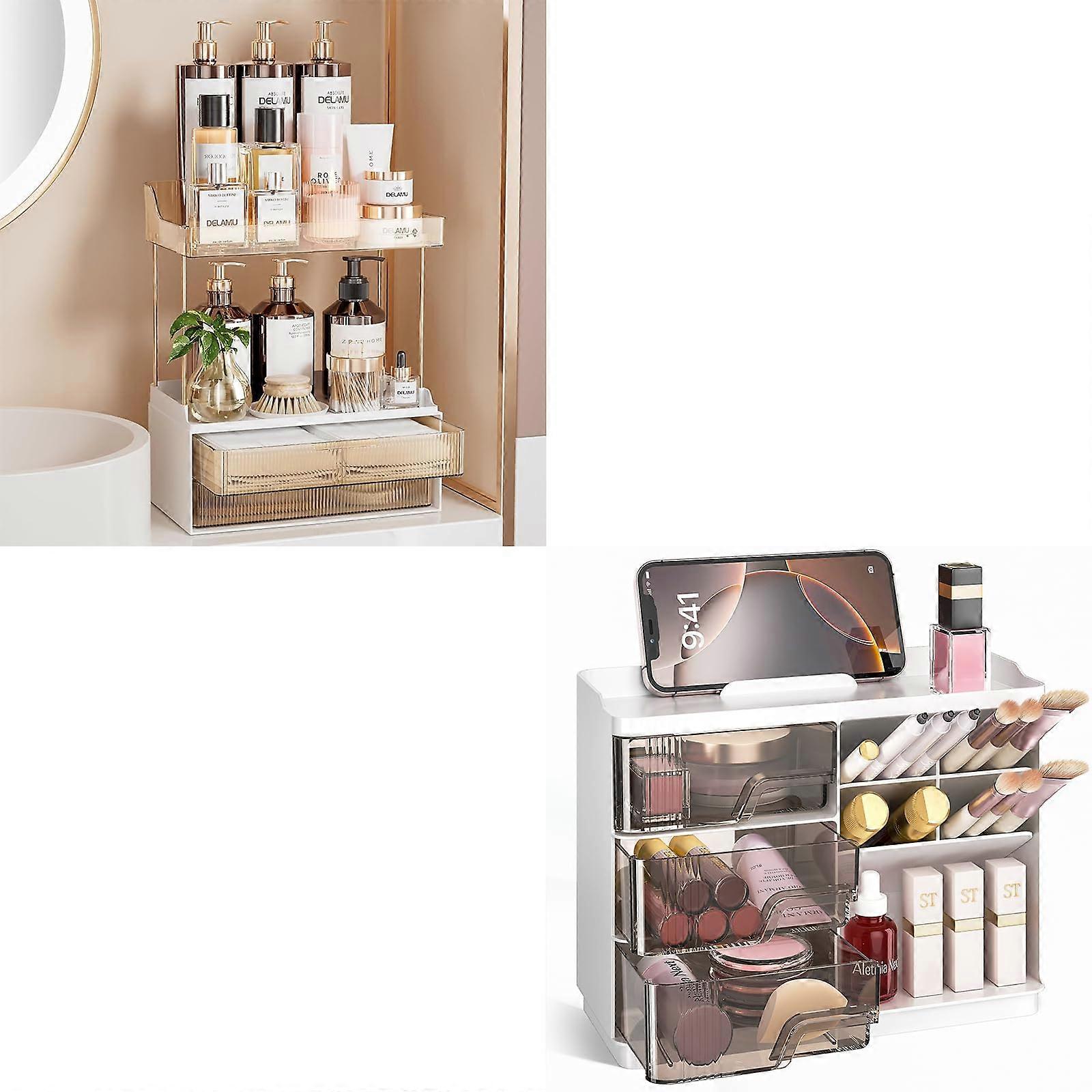 Makeup Organizer with Drawer, Stackable Vanity Organizer for Makeup and Skincare Storage, White