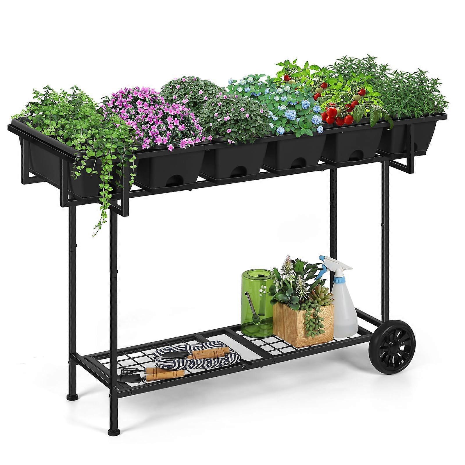 Raised Garden Bed with Wheels and Storage Shelf, Elevated Planter Box for Vegetables Herbs Flowers