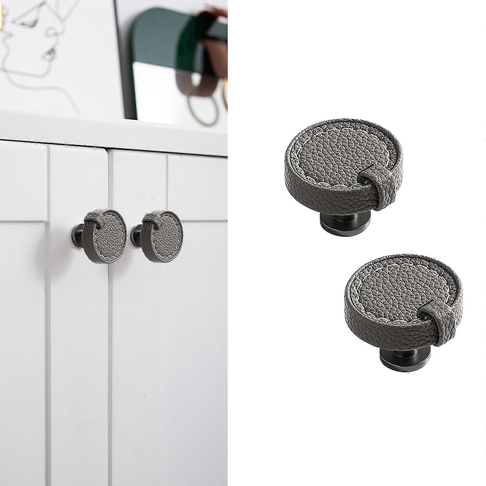 2 Pack Leather Cabinet Knobs 1.38 inch Round HandStitched Grey and Brown Drawer Pulls