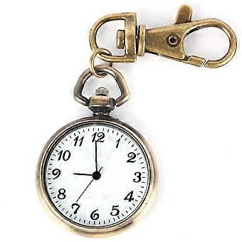 Round Bronze Quartz Pocket Watch with Key Ring, Water Resistant