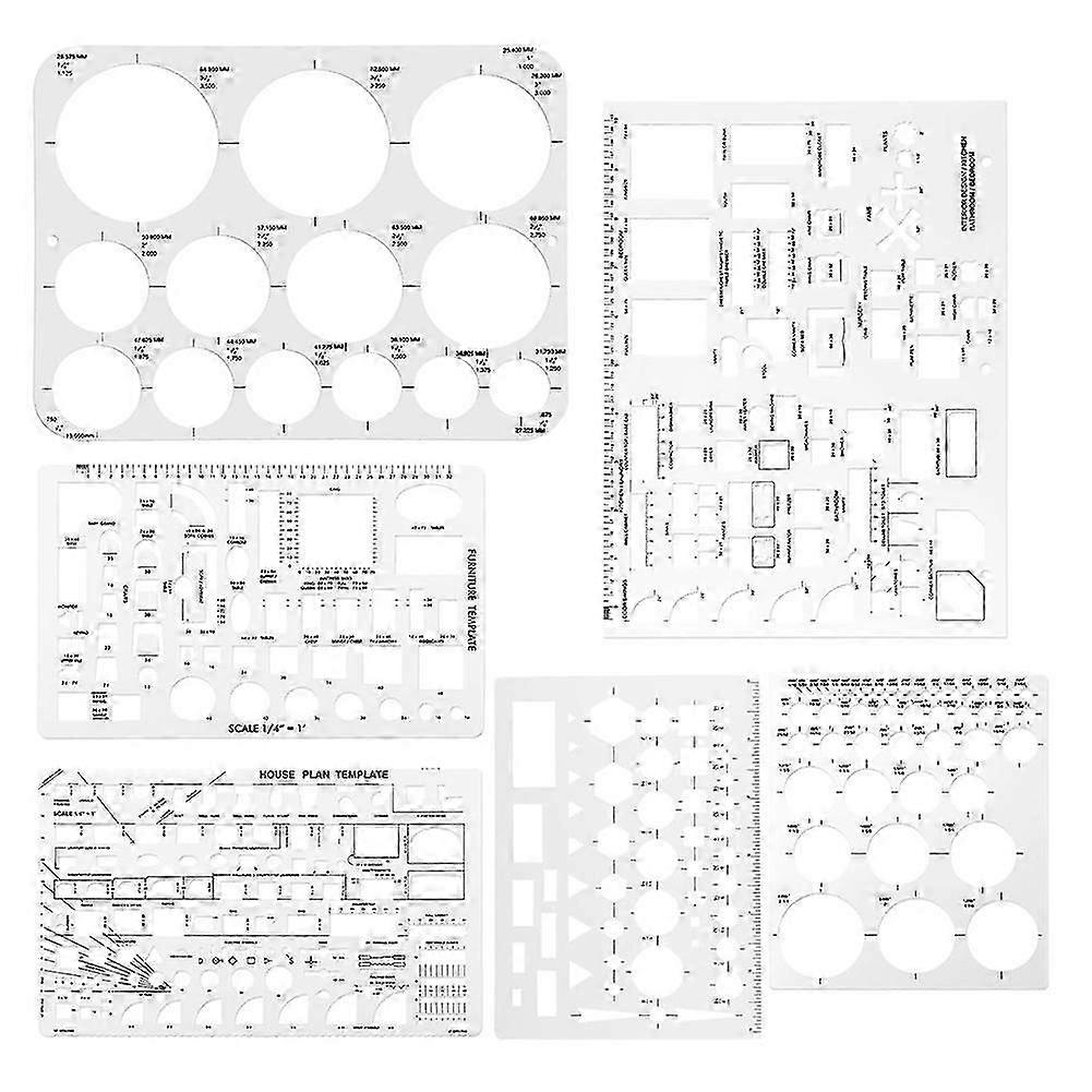 6pcs Circle Template for Drafting, Geometric Shape Stencils Circle Square Measuring Ruler for Building Formwork Drawing