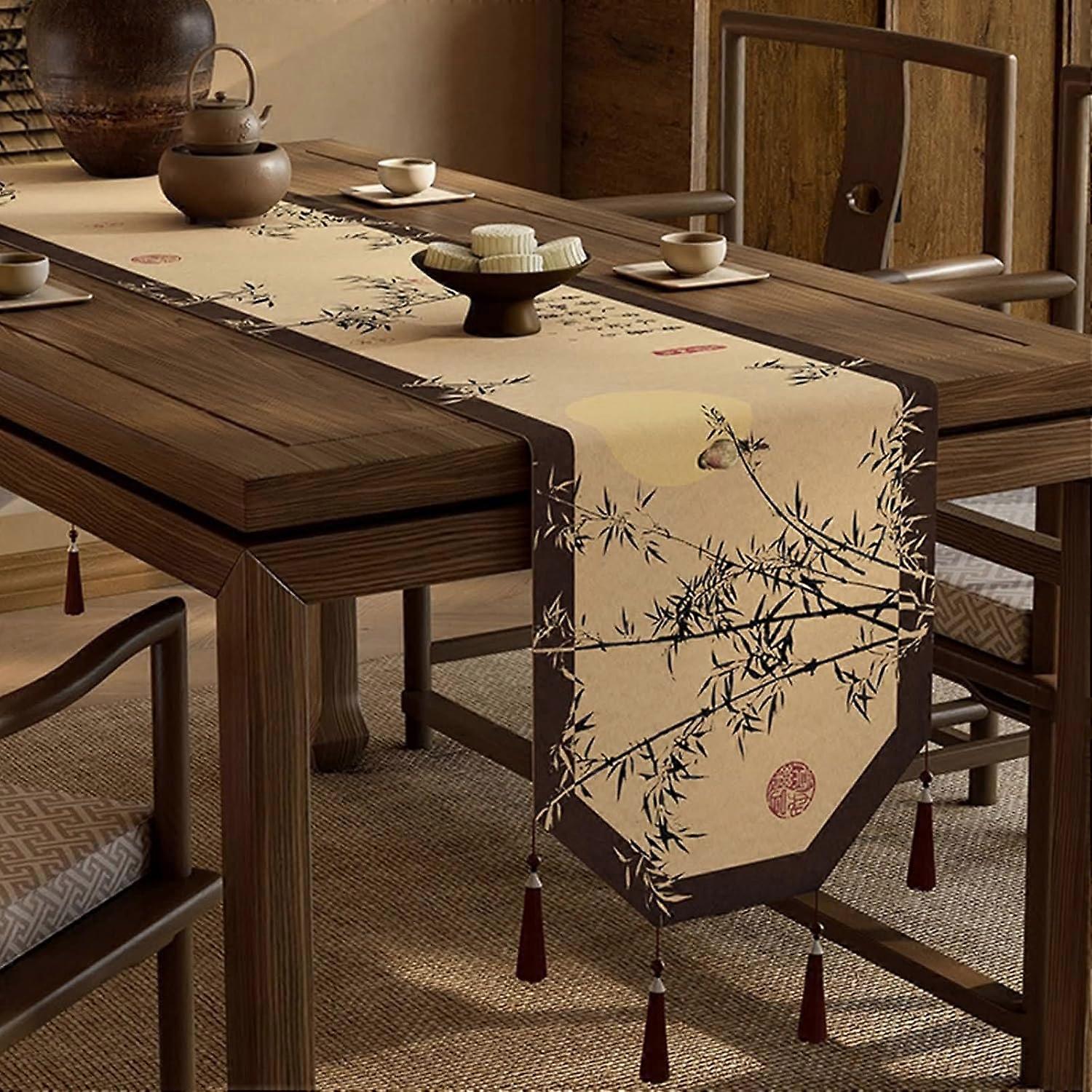 Beige Floral Coffee Table Runner, Polyester Linen, 35x180cm
