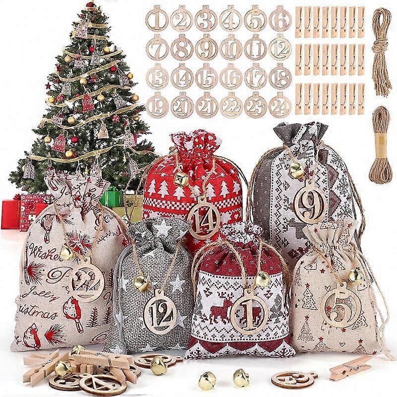 24 Day Christmas Advent Calendar Drawstring Gift Bag Set